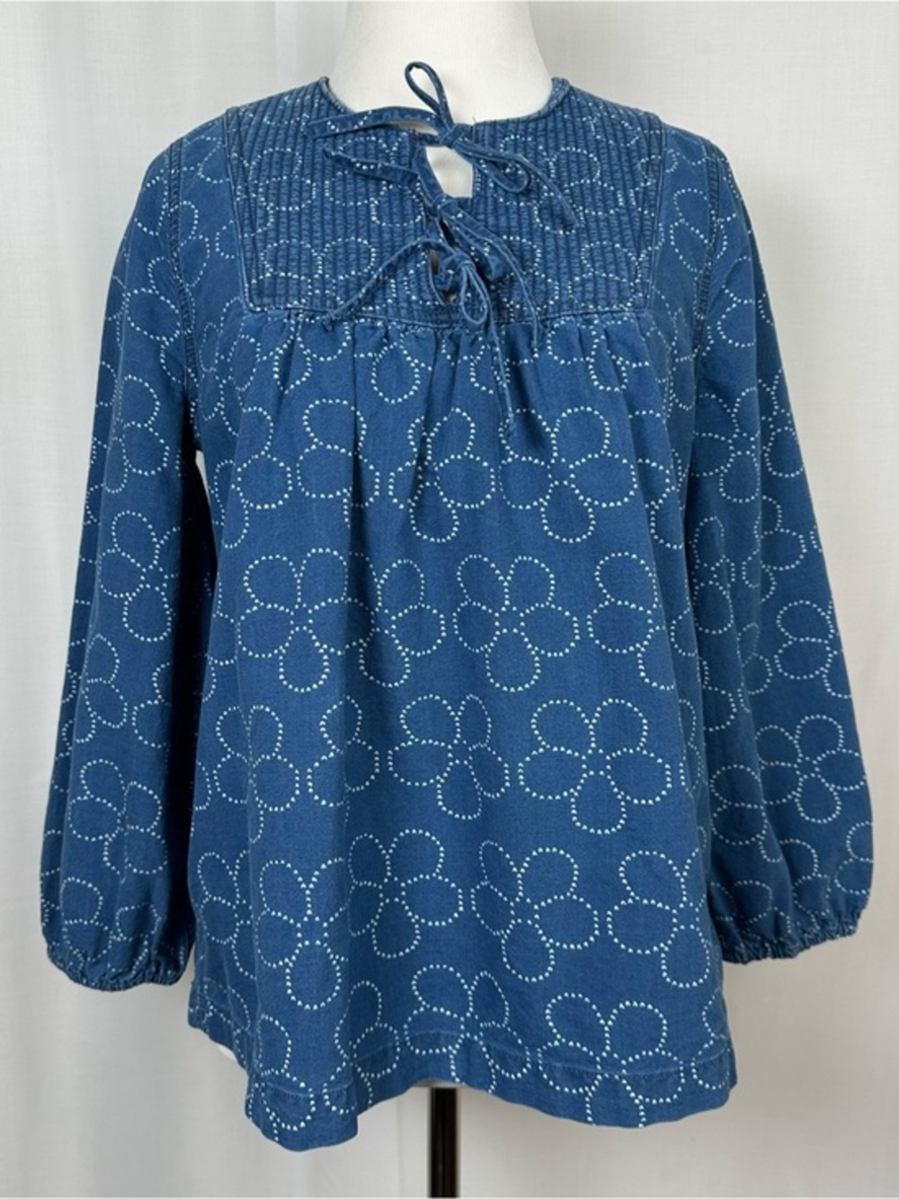 Madewell Indigo Floral Quilted Tie Front Bib Top XS Blue‎ 3/4 Puff Sleeves Boho